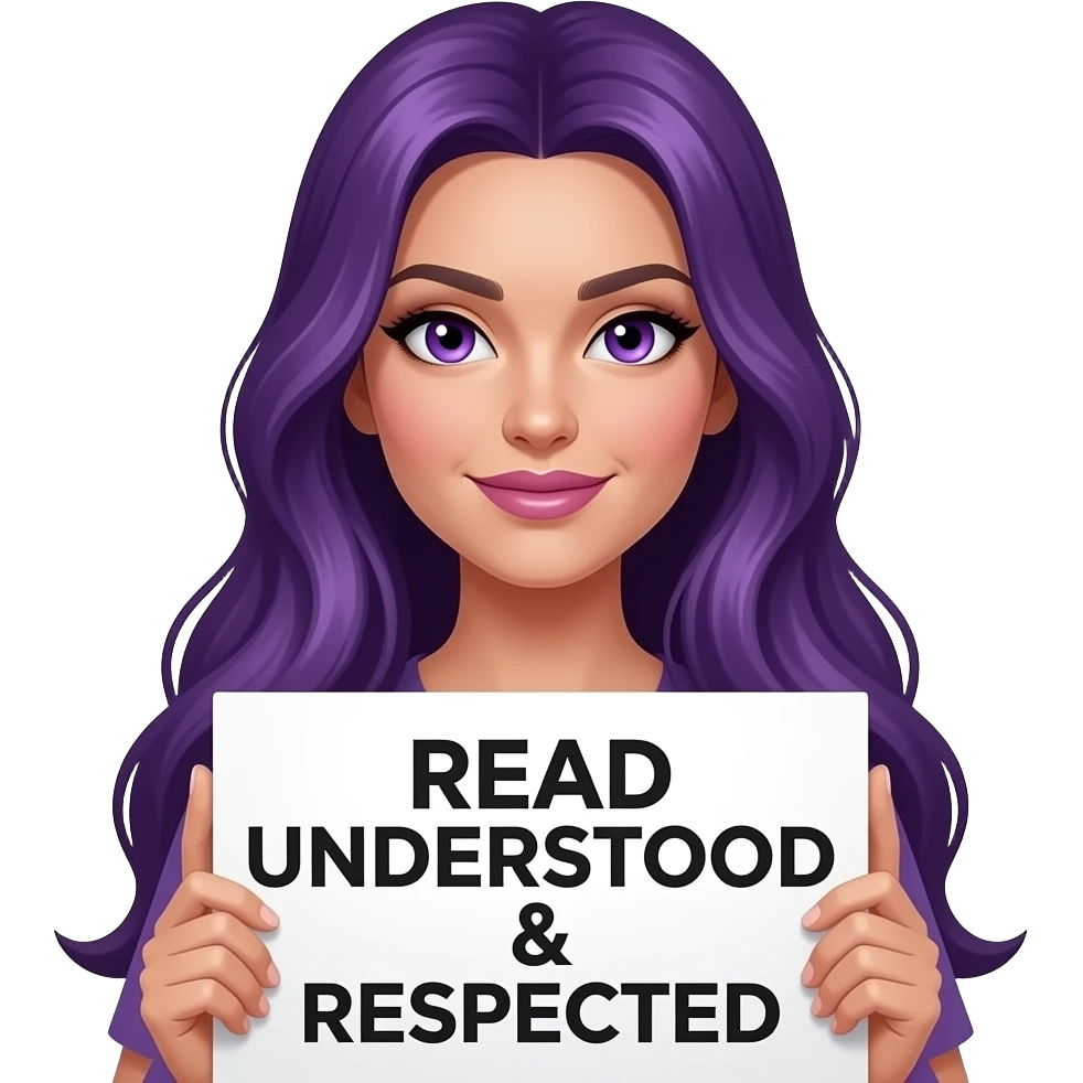 sexy girl with long purple hair and purple eyes holding a READ UNDERSTOOD & RESPECTED sign emoji