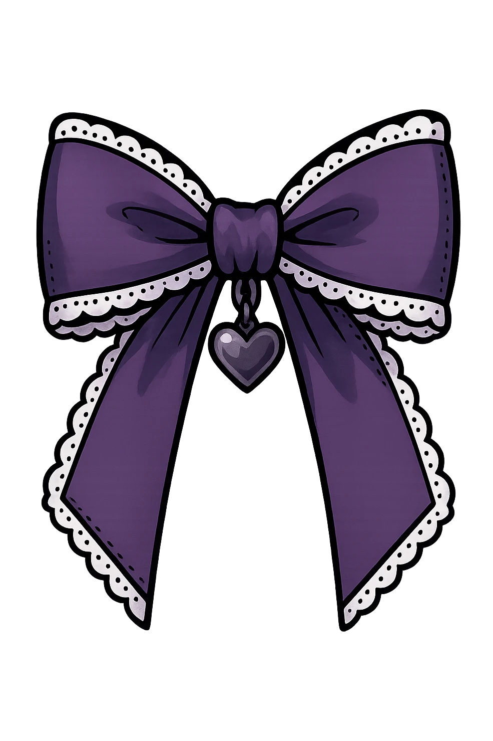 Purple gothic bow with white lace trim and heart charm, remove background emoji