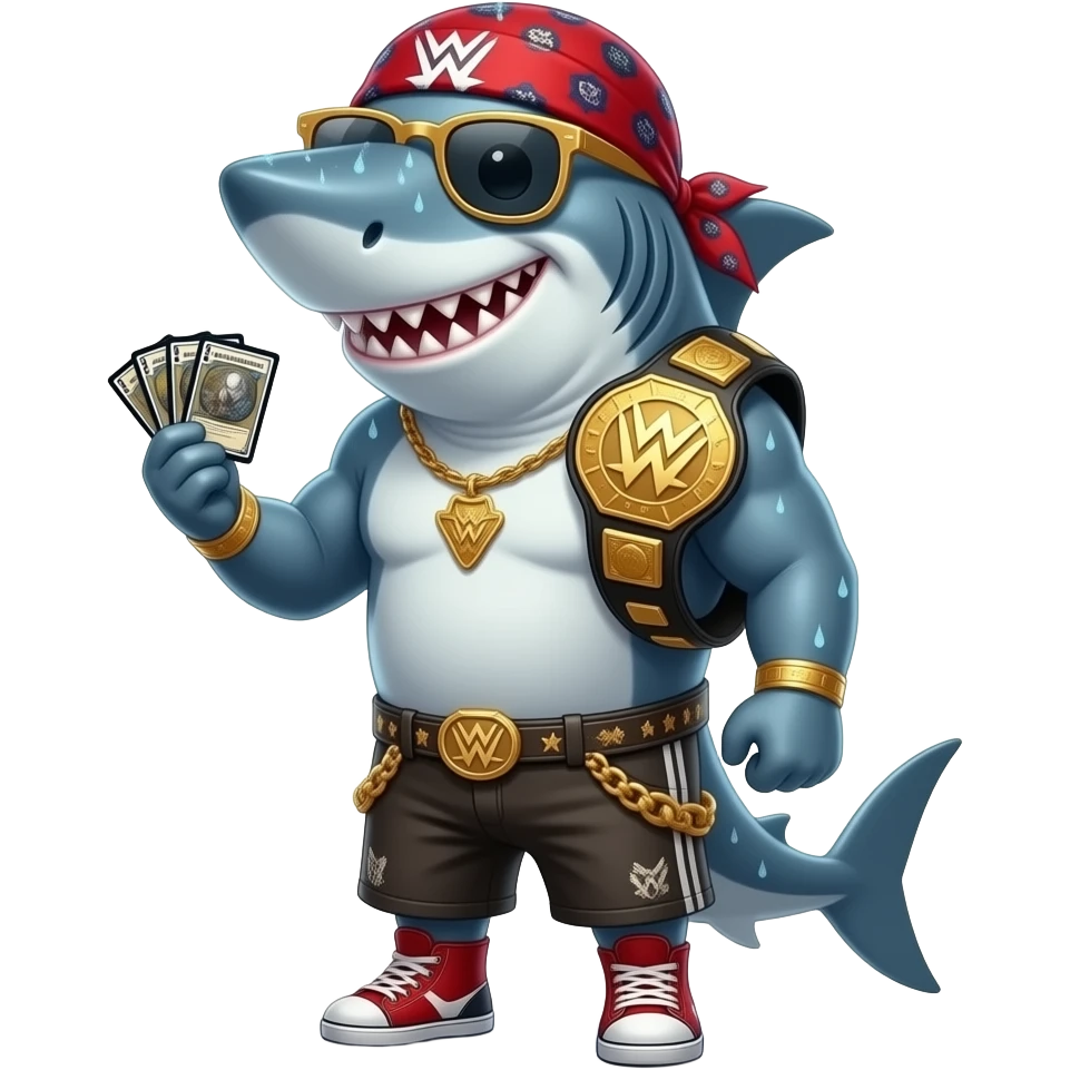 A shark with sunglasses and a durag holding a hand of Magic: The Gathering cards, and a wrestling championship belt over his shoulder making it rain emoji