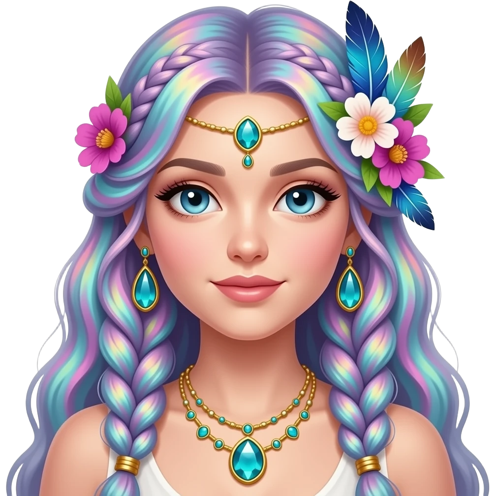 Beautiful gorgeous anime lady with beautiful iridescent-braided-hair, fashion aesthetic, ethereal, fairycore, pastelcore, feathers, flowers, gems, accessories, jewelries, gold, colorful emoji