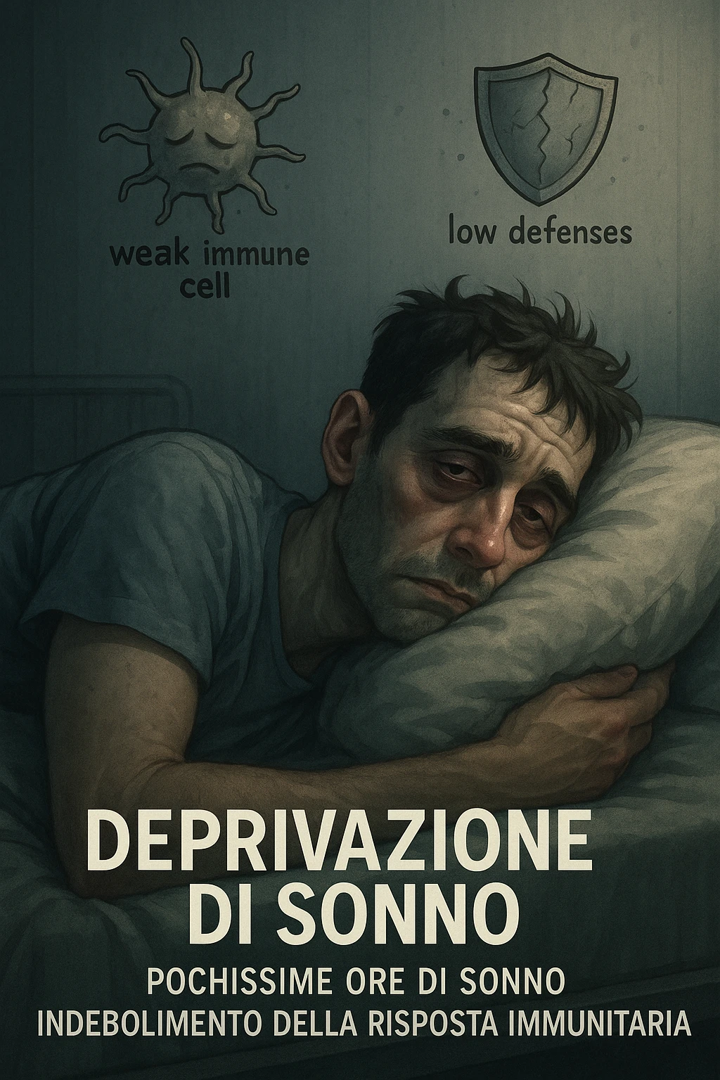 vertical realistic cinematic illustration of a man who sleeps very few hours, visibly tired in bed, with a weakened immune system represented by weak immune cells and low defenses, clinical atmosphere with dramatic lighting, Italian captions, aspect ratio 2:3 emoji