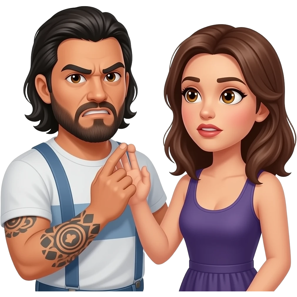 A really sad but angry Latino husband with medium length hair and beard and tattoos found out his wife was cheating on him with a bald, red bearded guy, and his wife is beautiful with hazel eyes and shoulder length brown hair and their relationship is broken emoji
