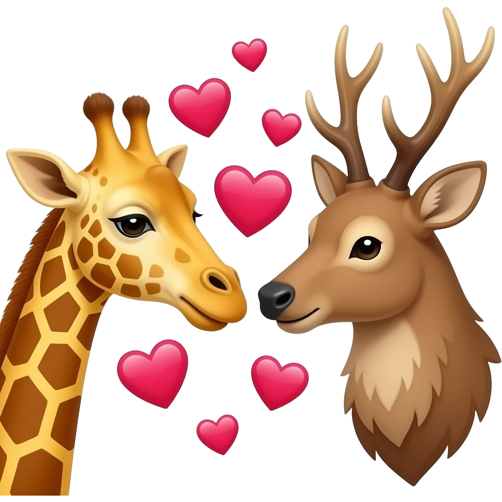 Einfacher Giraffenkopf und Elchkopf schauen sich an mit vielen Herzchen emoji