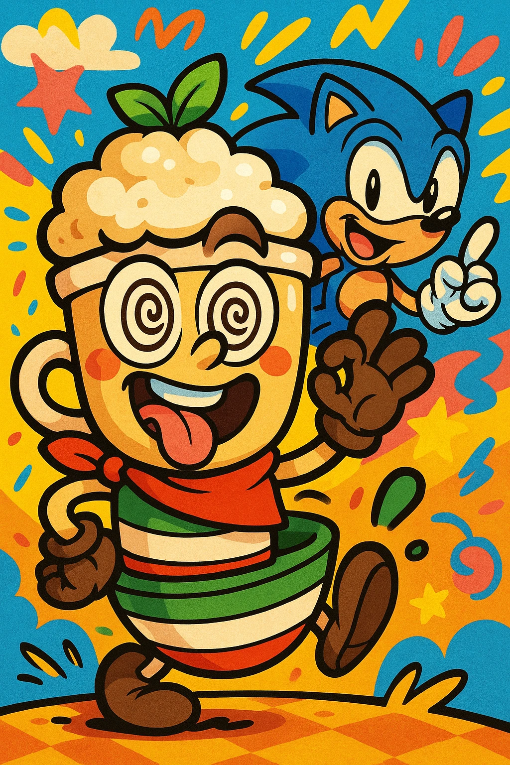 A brainrot cappuchina with Italian flair, Sonic the Hedgehog visible behind, cartoonish and energetic style, playful and colorful composition. emoji