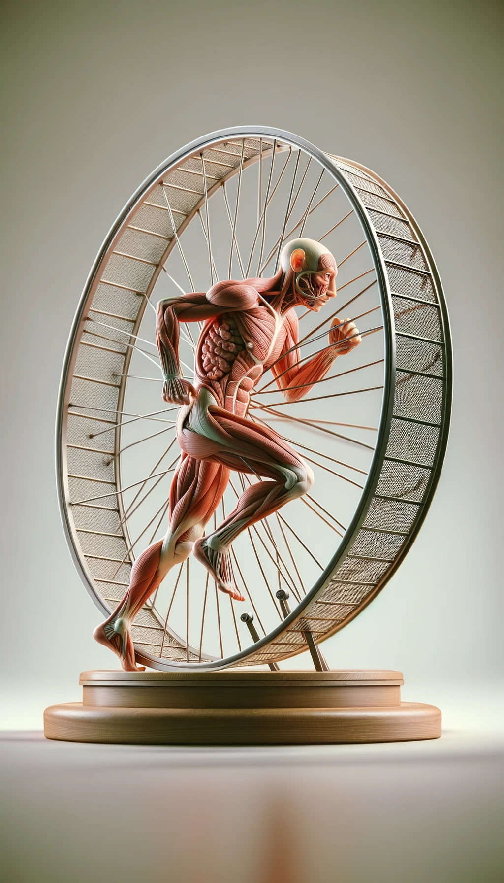 corpo umano anatomico che corre sulla ruota come se fosse un criceto stressato, sfondo chiaro, iperrealistica 4k emoji