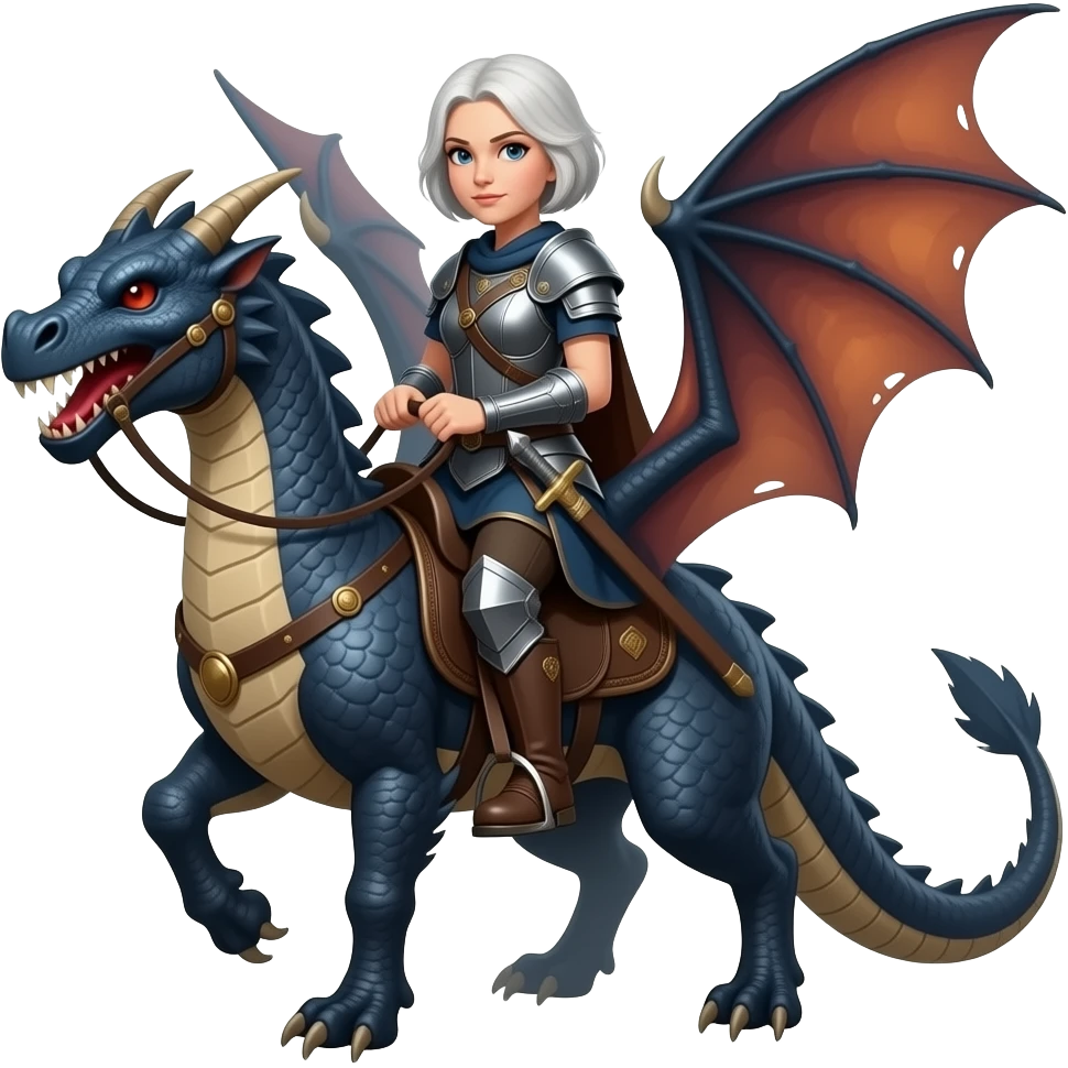 older Targerian woman warrior with short hair riding dragon emoji