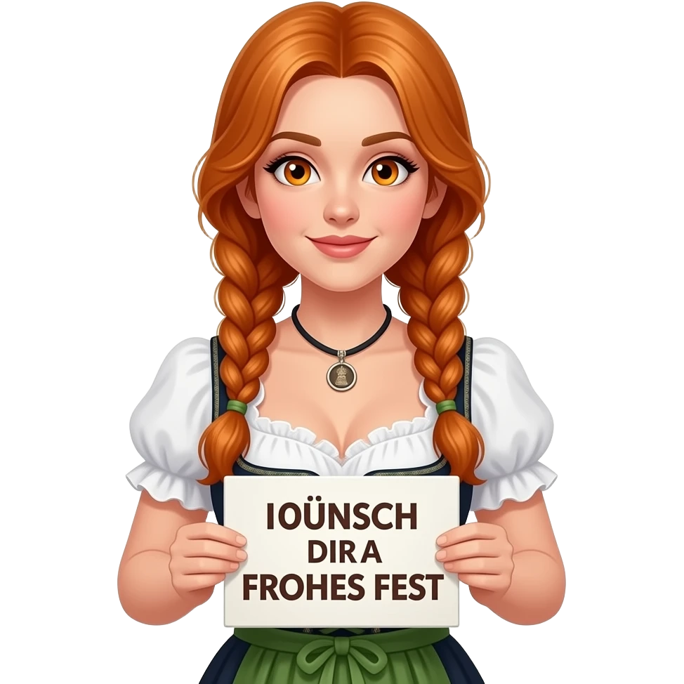 sexy girl with overlong ginger hair in braids and ginger eyes wearing a dirndl holding a I WÜNSCH DIR A FROHES FEST sign emoji