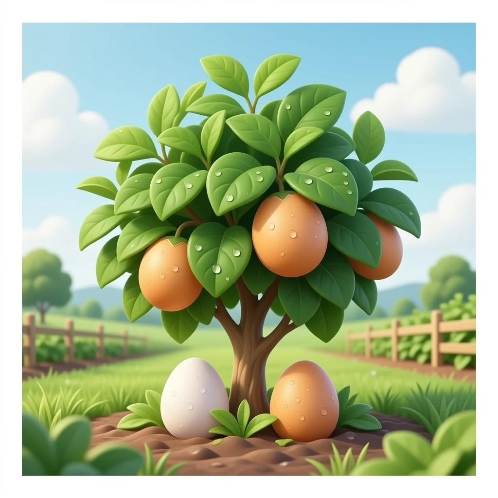 A green plant growing realistic chicken eggs instead of fruits, farm environment, morning light, high detail textures emoji