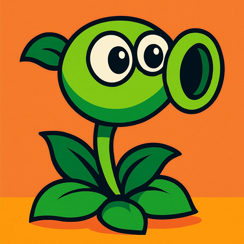 cute pea shooter plant with big eyes and green stem, inspired by Plants vs Zombies emoji