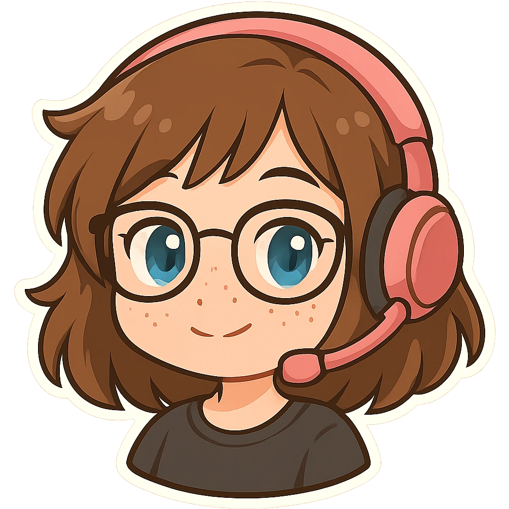 Chibi woman with shoulder length choppy brown hair, pink gaming headset, freckles, glasses, and blue eyes, happy expression, chibi stickers style, no background. emoji