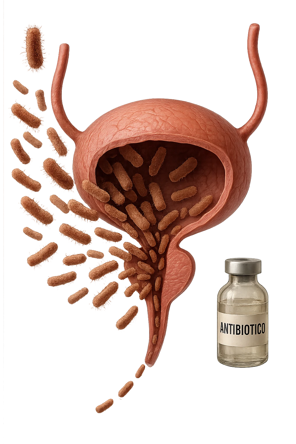 batteri intestinali che migrano ed entrano in una vescica anatomica realistica per infettarla, davanti a lei fluttua una boccetta con la scritta "ANTIBIOTICO", iperrealistico 4k emoji