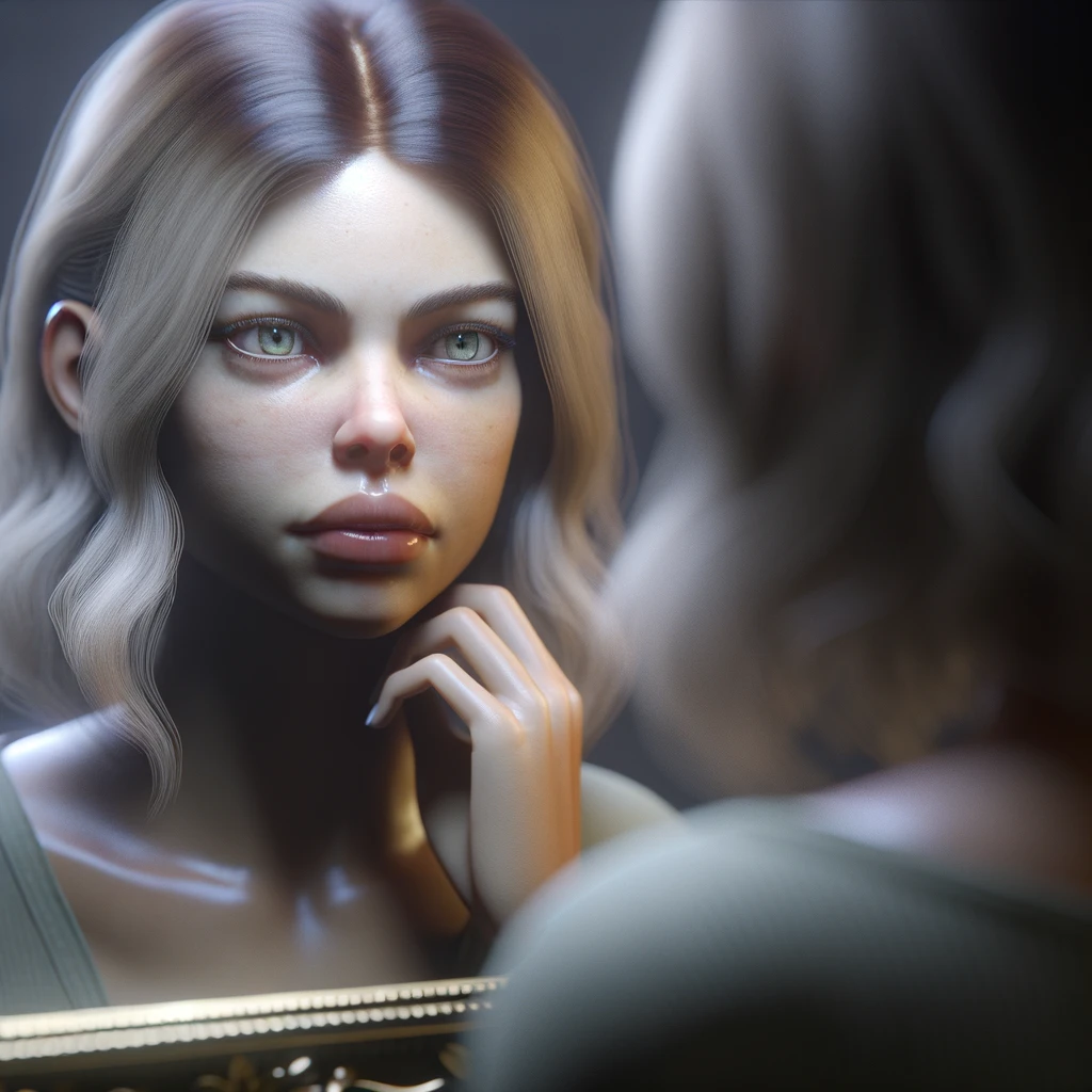 DONNA CHE SI GUARDA ALLO SPECCHIO CON ESPRESSIONE DUBBIOSA IN VOLTO, iperrealistico 4k emoji