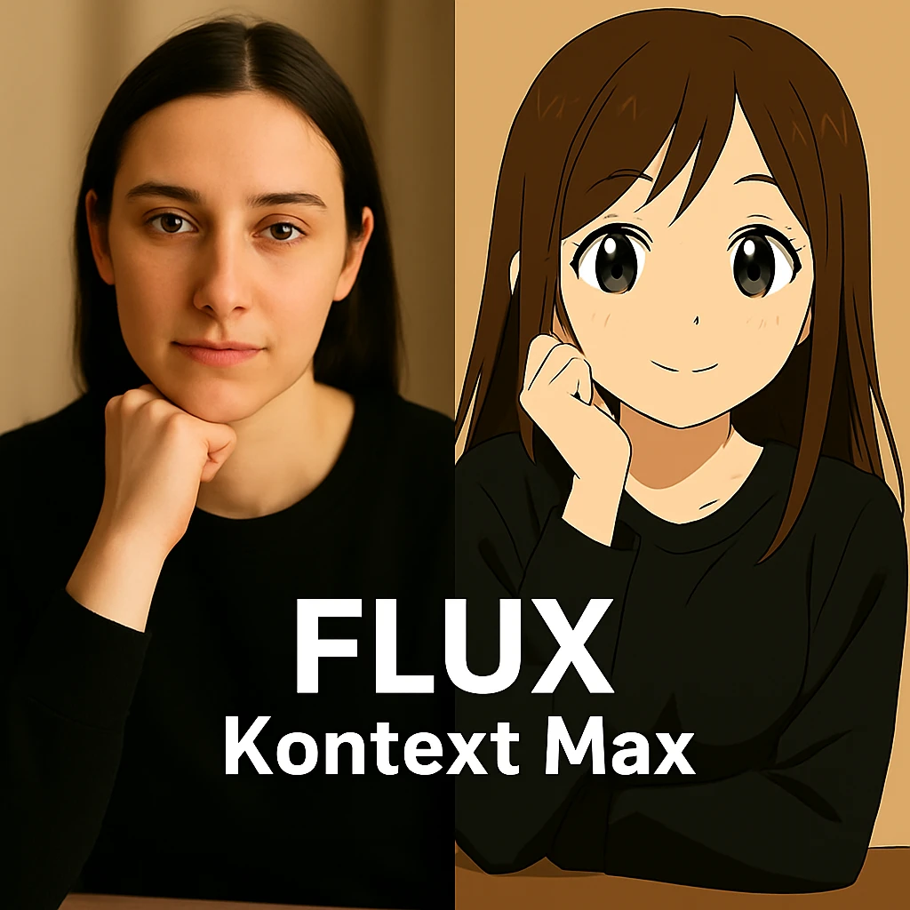 same similar image but chnage the text to "Flux Kontext Max", change people and pose too emoji