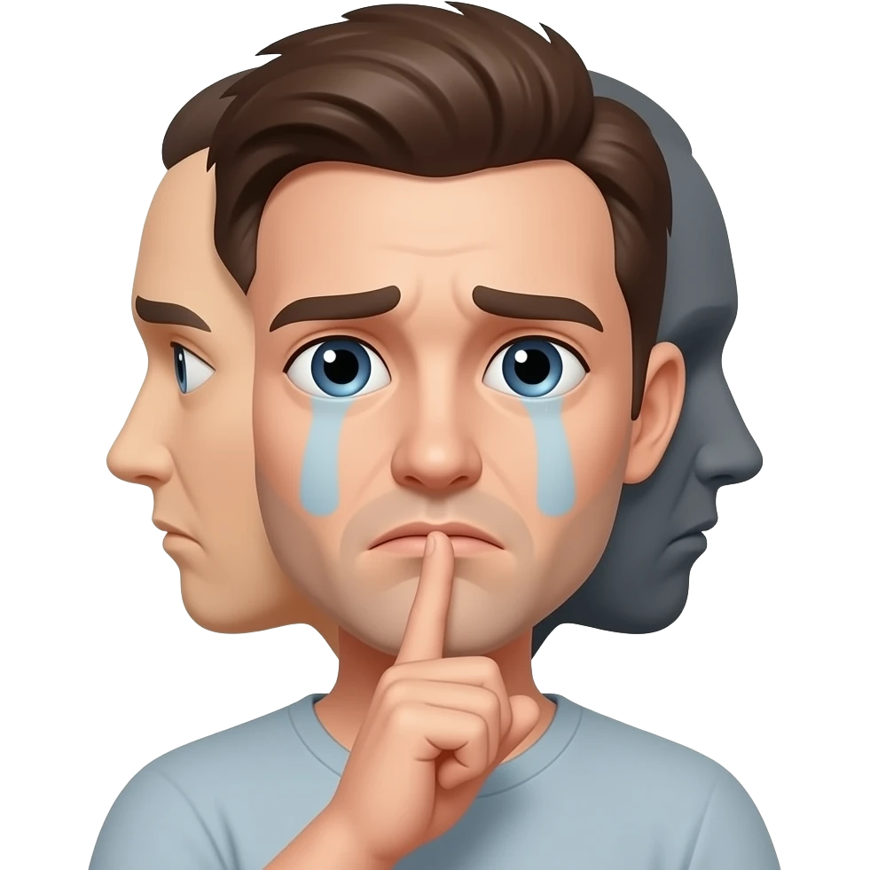 iki yüzlü maske ve işaret parmağı ağzında üzgün emoji