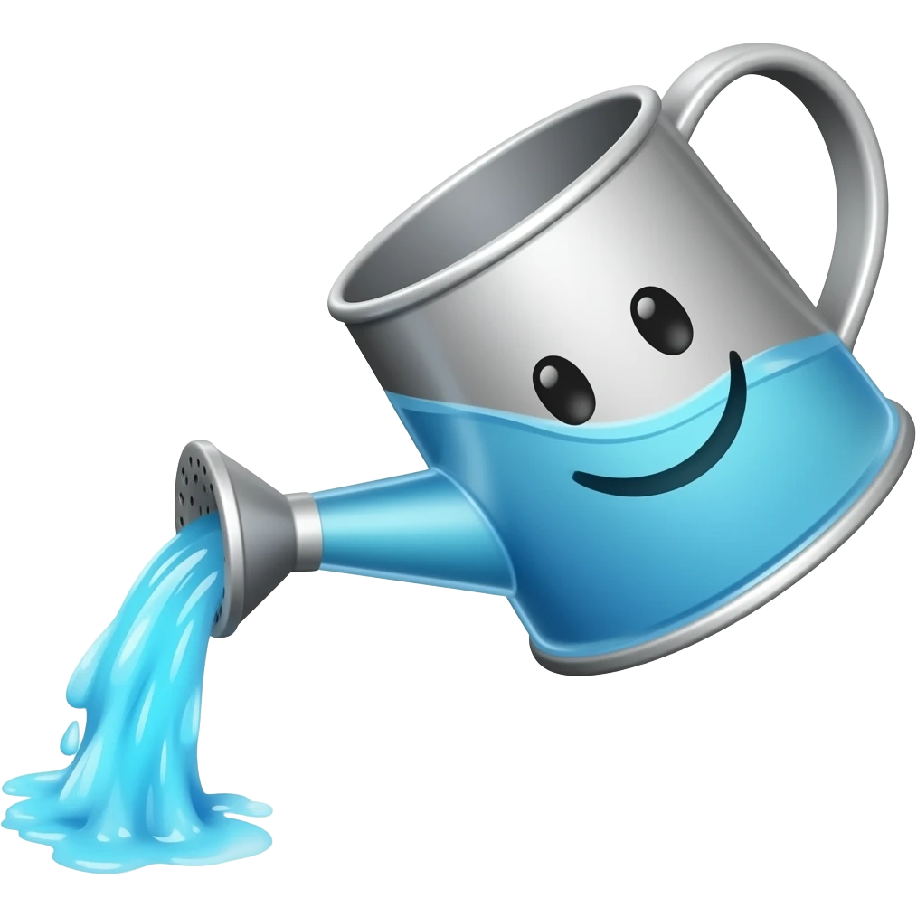 a watering can full of water with a smiling face on it, make the face more like an emoji and have water pourin out make the emoji face look like part of the watering can emoji