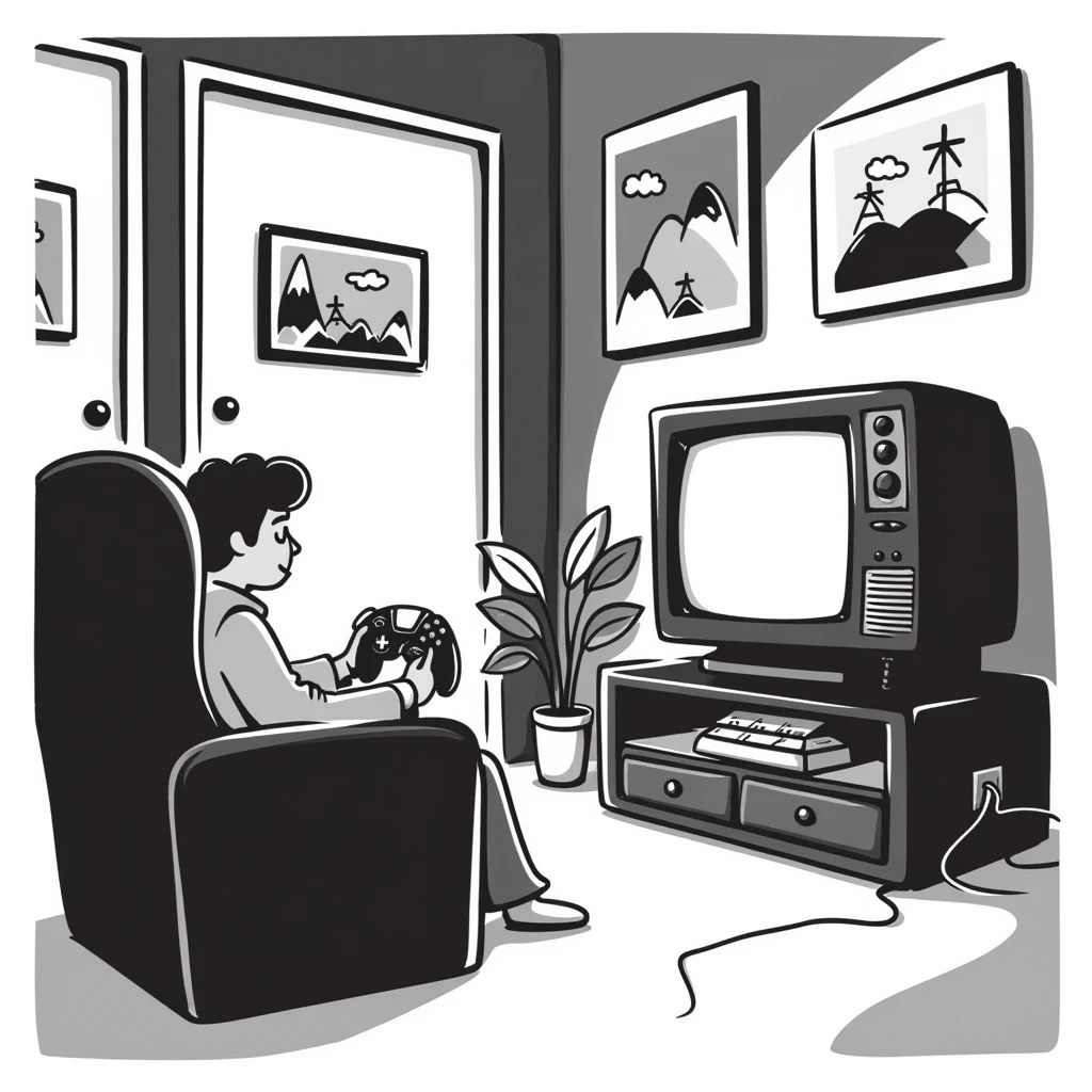 A retro gamer room with pixel posters and a console hooked to a tube TV emoji