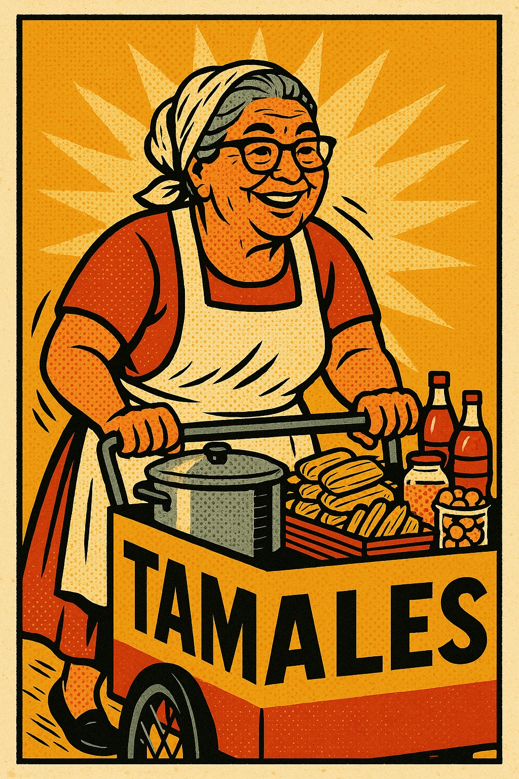 Mexican abuela with apron, pushing a cart full of tamales and snacks, festive, inviting, no text emoji