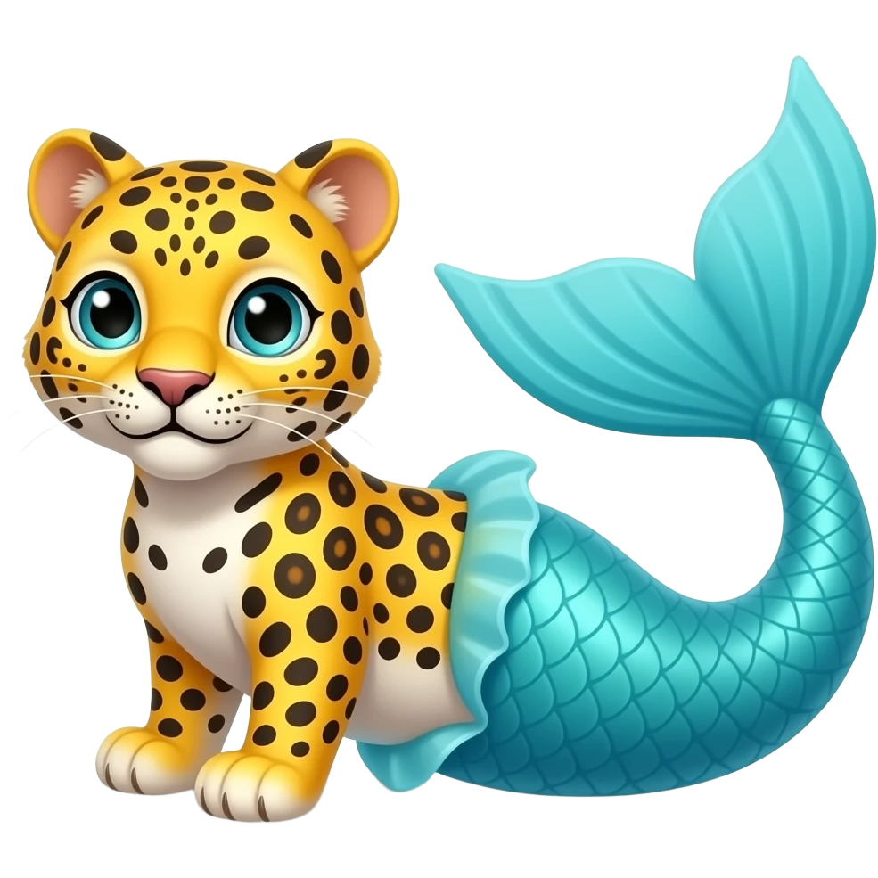 A cartoon style of Yellow Leopard with #B8FFFF mermaid tail emoji