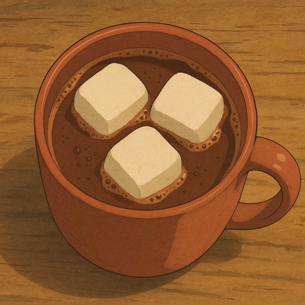 birds eye view of hot chocolate mug with three big marshmallows in it emoji
