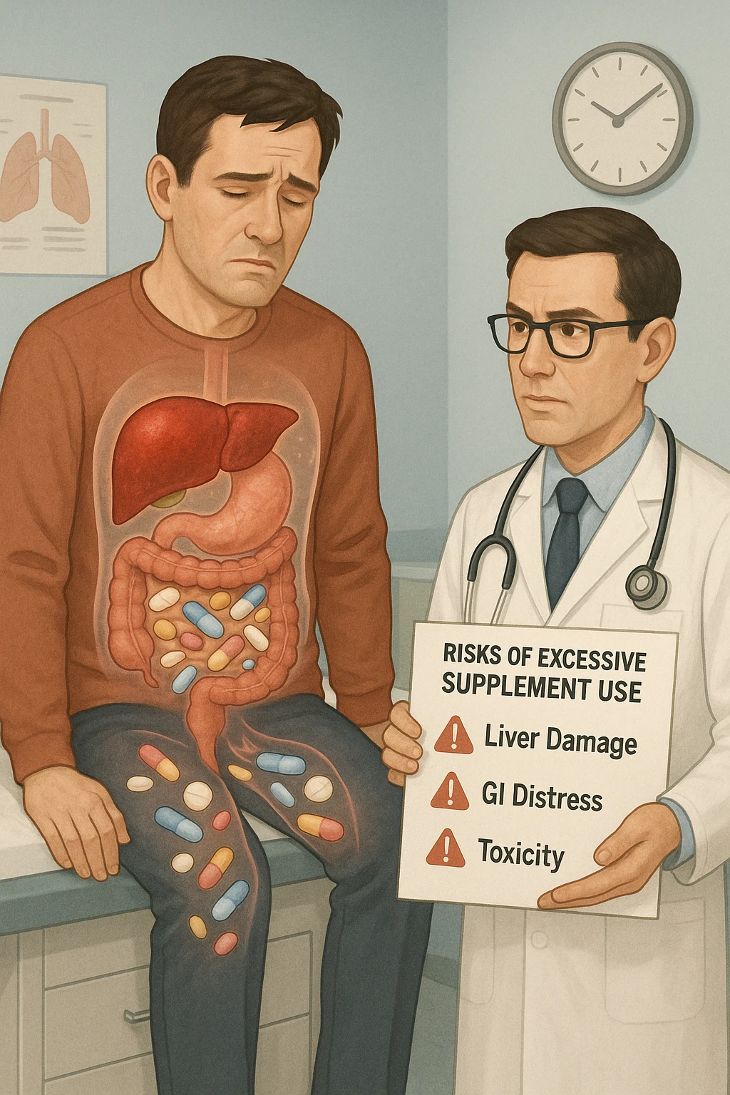 a man sits on a doctor’s examination table, looking fatigued and uncomfortable. A transparent anatomical overlay reveals his liver and intestines, both appearing inflamed and congested, with stylized supplement capsules and pills scattered throughout the digestive tract. The doctor stands nearby, holding a chart that highlights the risks of excessive supplement use. The mood is clinical and educational. emoji