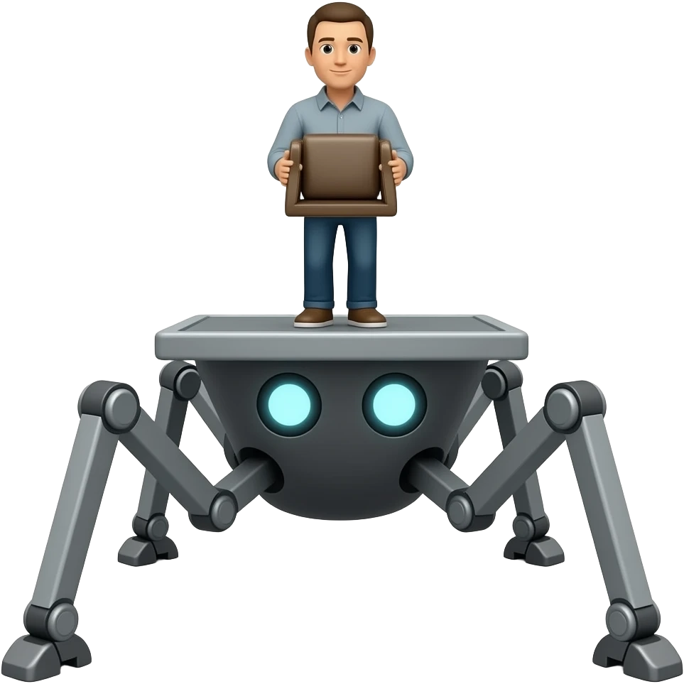A platform with legs facing forward with glowing white eyes and with no arms and carrying a person emoji