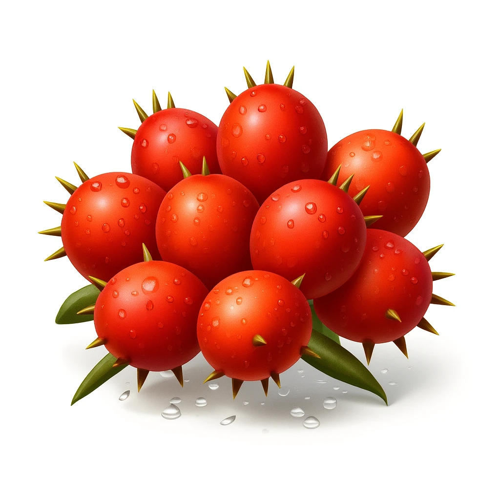 Add subtle water droplets to the cluster of red, round Stenocereus fruits with short spikes on a branch, realistic style, keep background white. emoji