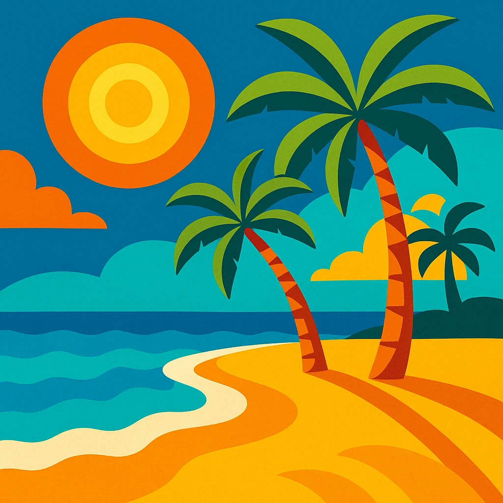 summer vibrant beach scene with palm trees sun and ocean colorful style emoji