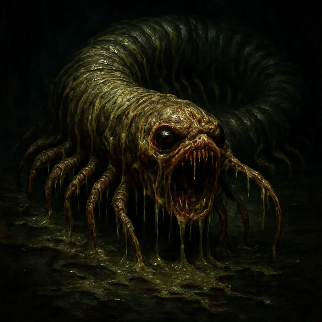 a revolting millipede, exaggerated features, oozing slime, horror style emoji