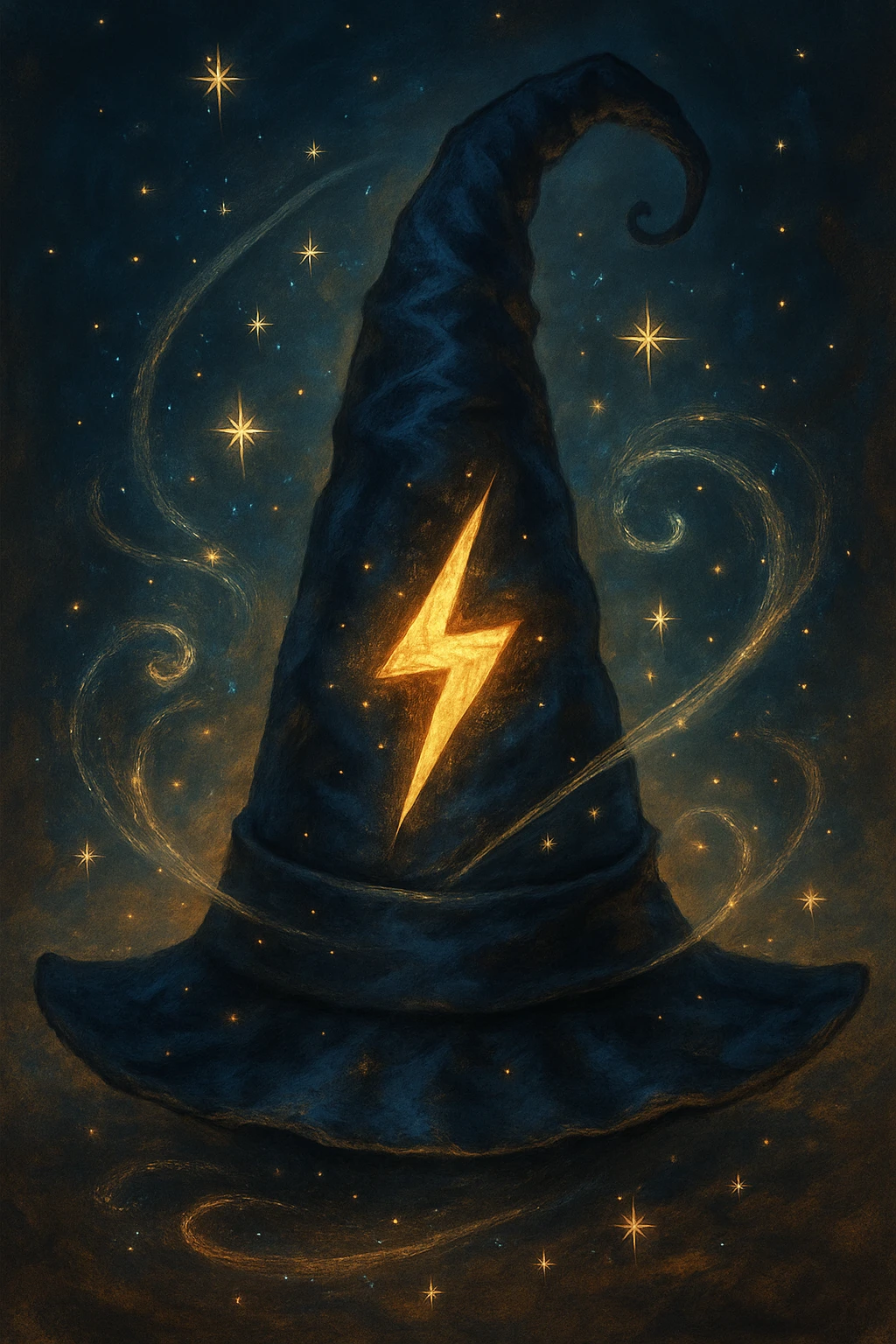 wizard hat with Harry Potter lightning bolt, magical, whimsical style emoji