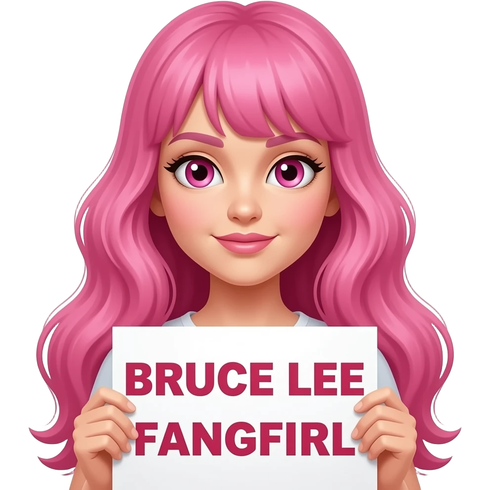sexy girl with long pink hair and pink eyes holding BRUCE LEE FANGIRL sign emoji