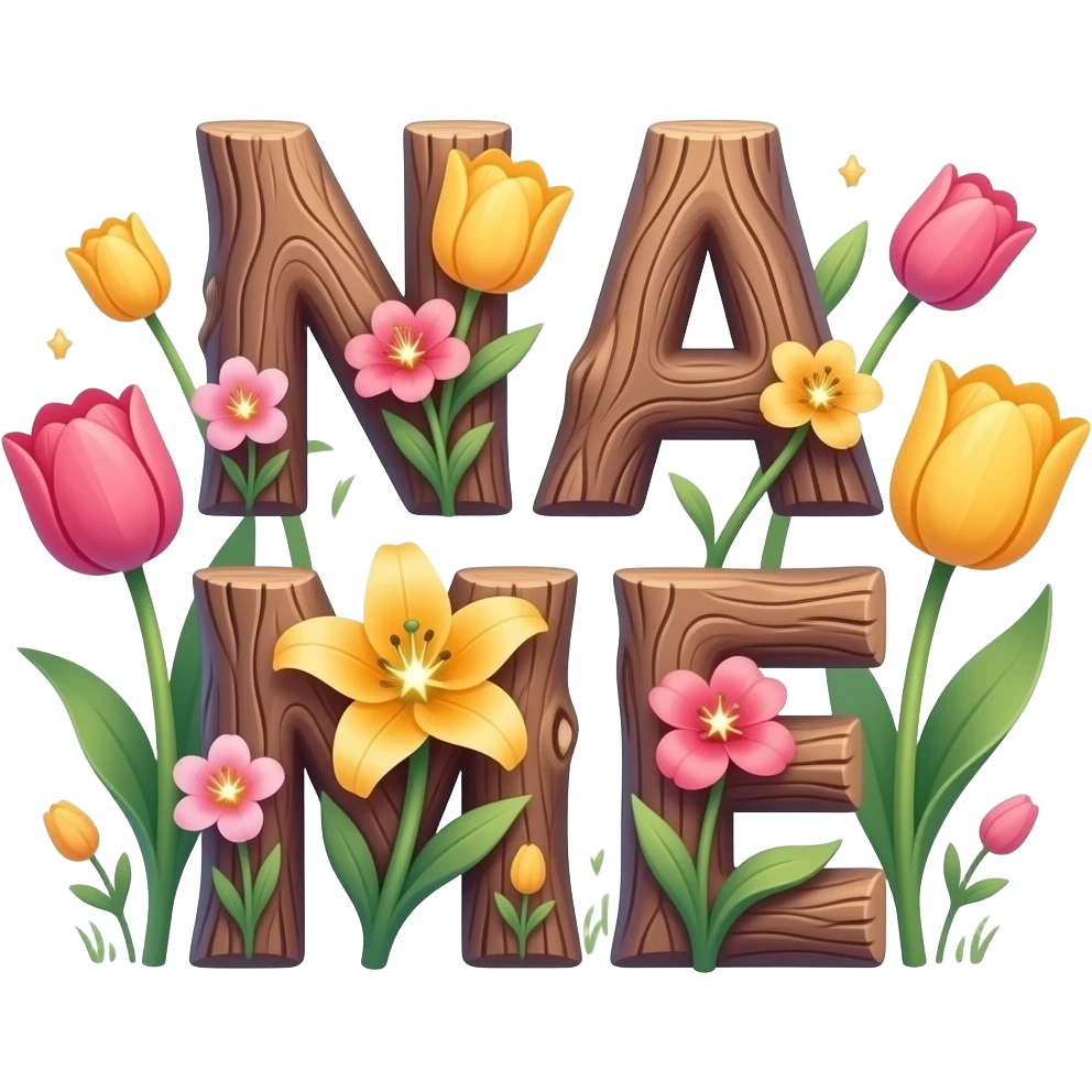 A text 'NAME' formed from tree wood bar. Vibrant tulips and lilies bloom from the letter, each flower center glowing like a tiny star. Dreamy atmosphere, hyper-realistic, soft pastel colors emoji