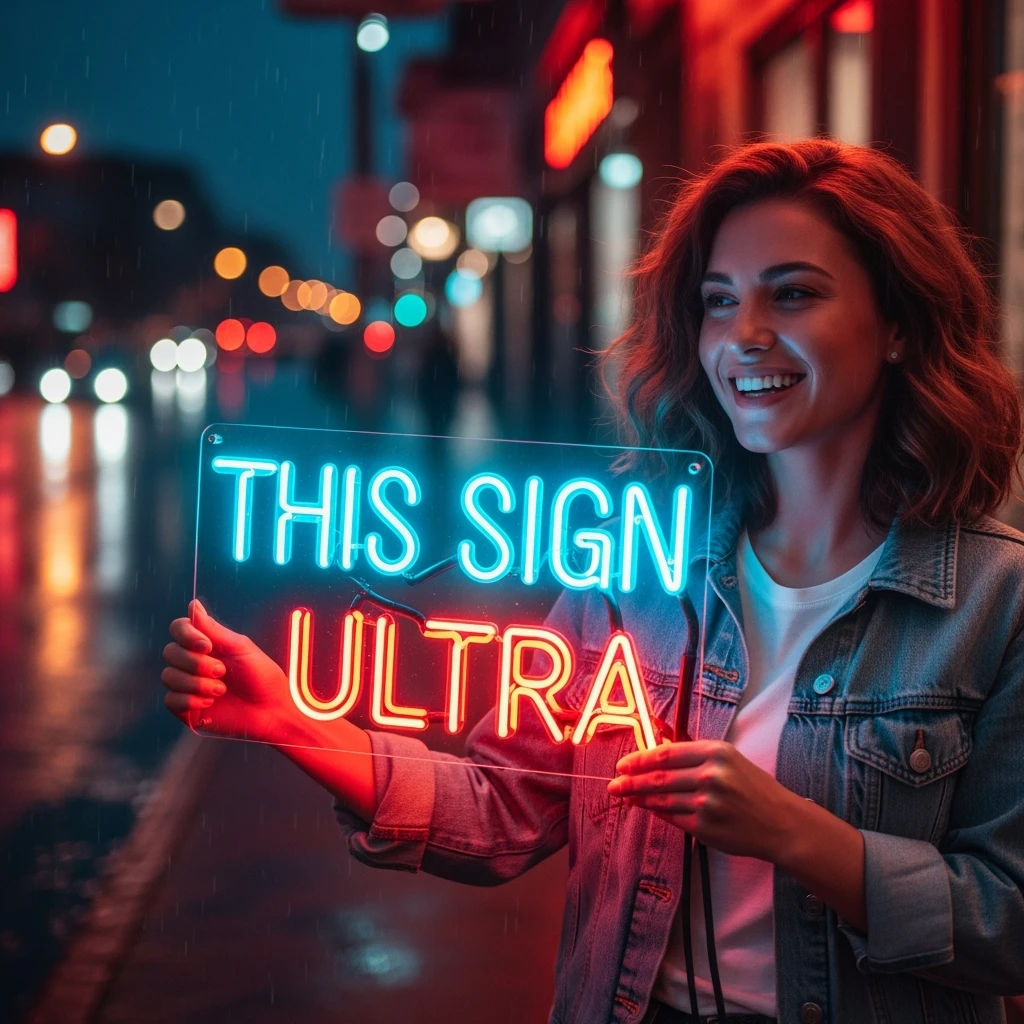 make a girl holding this sign, but sign in made of neon, also add ultra below the sign emoji
