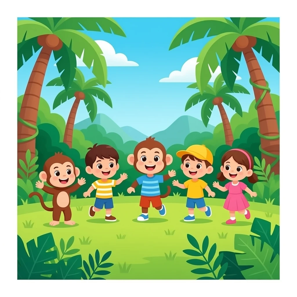five little monkeys At The Jungle The Were Five Boys and girls monkeys and five children are playing emoji