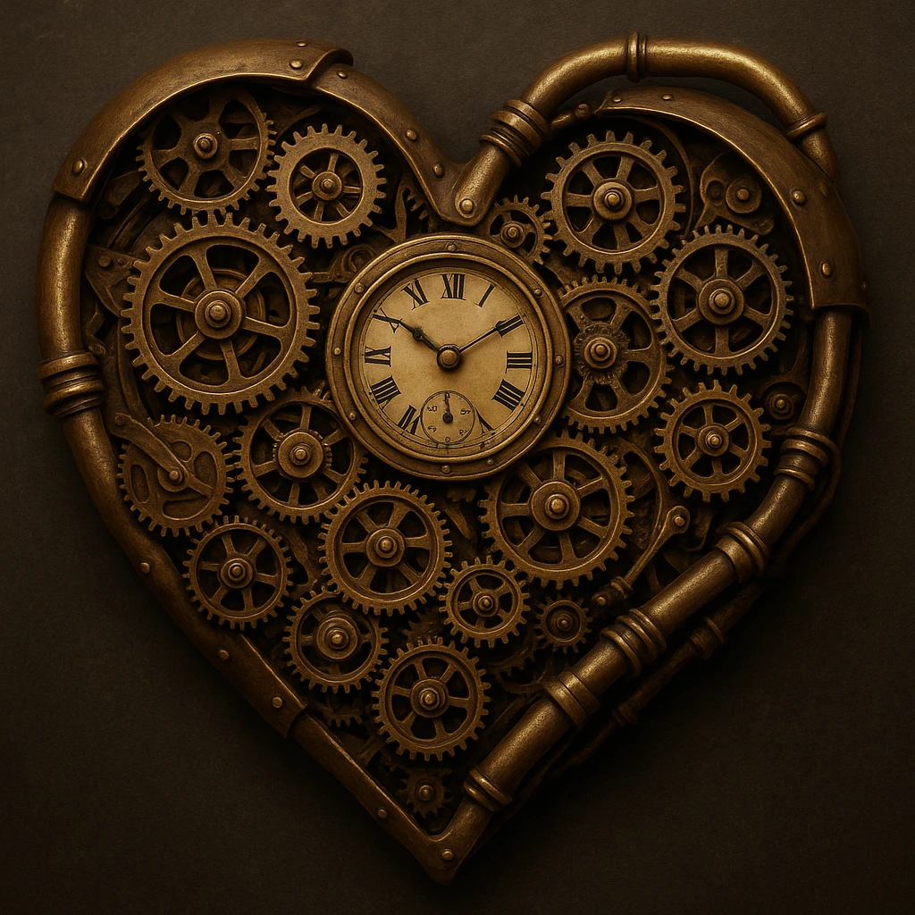 steampunk heart with exposed clockwork, metallic textures, vintage machinery look, detailed and realistic emoji