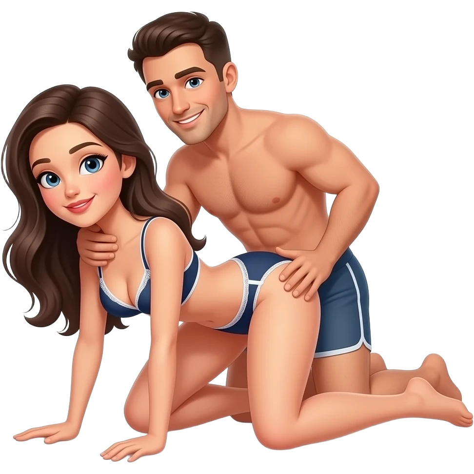 fille à quatre pattes en sous-vêtements les jambes écartées avec un homme en slip derrière elle qui tiens la gorge de la femme  avec une main sur la hanche de la femme et la baise emoji