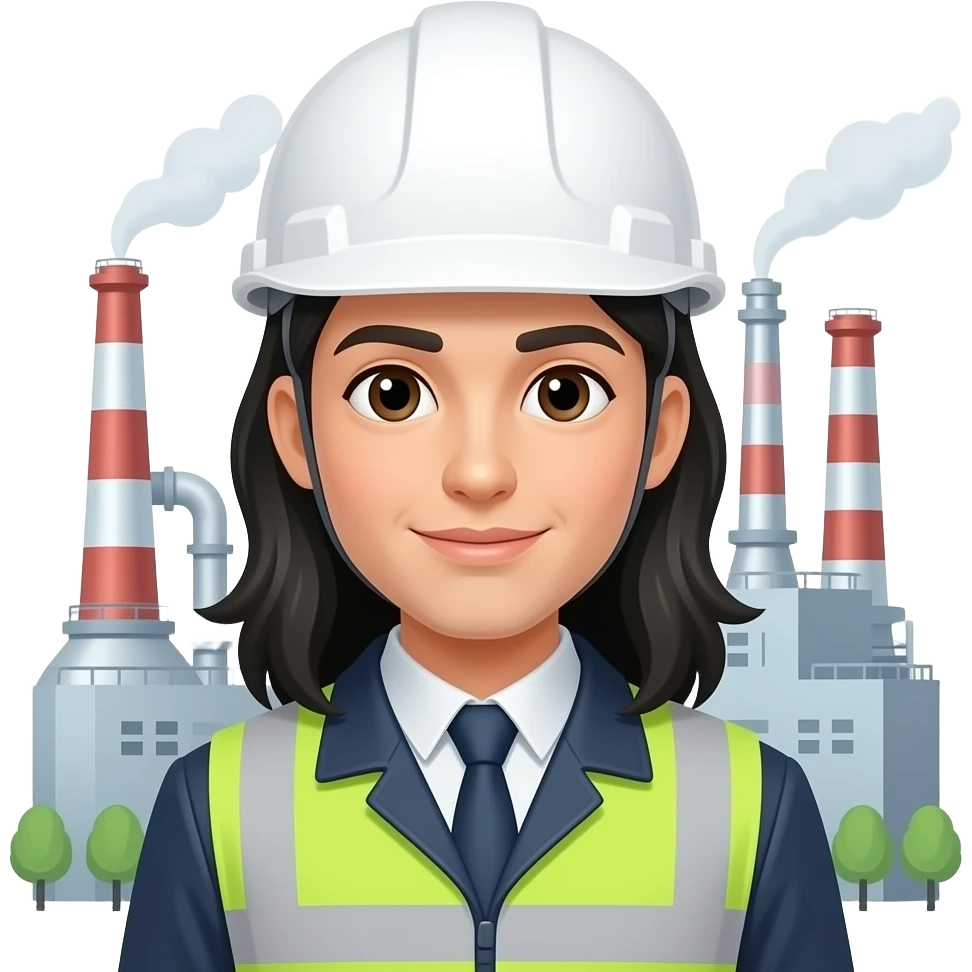 Ingeniera industrial de cabello negro largo y casco blanco, con fabria detras emoji