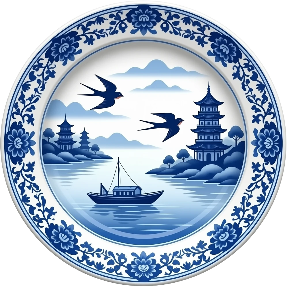 chinoiserie blue willow china pattern platter with a boat, pagodas and two swallows emoji