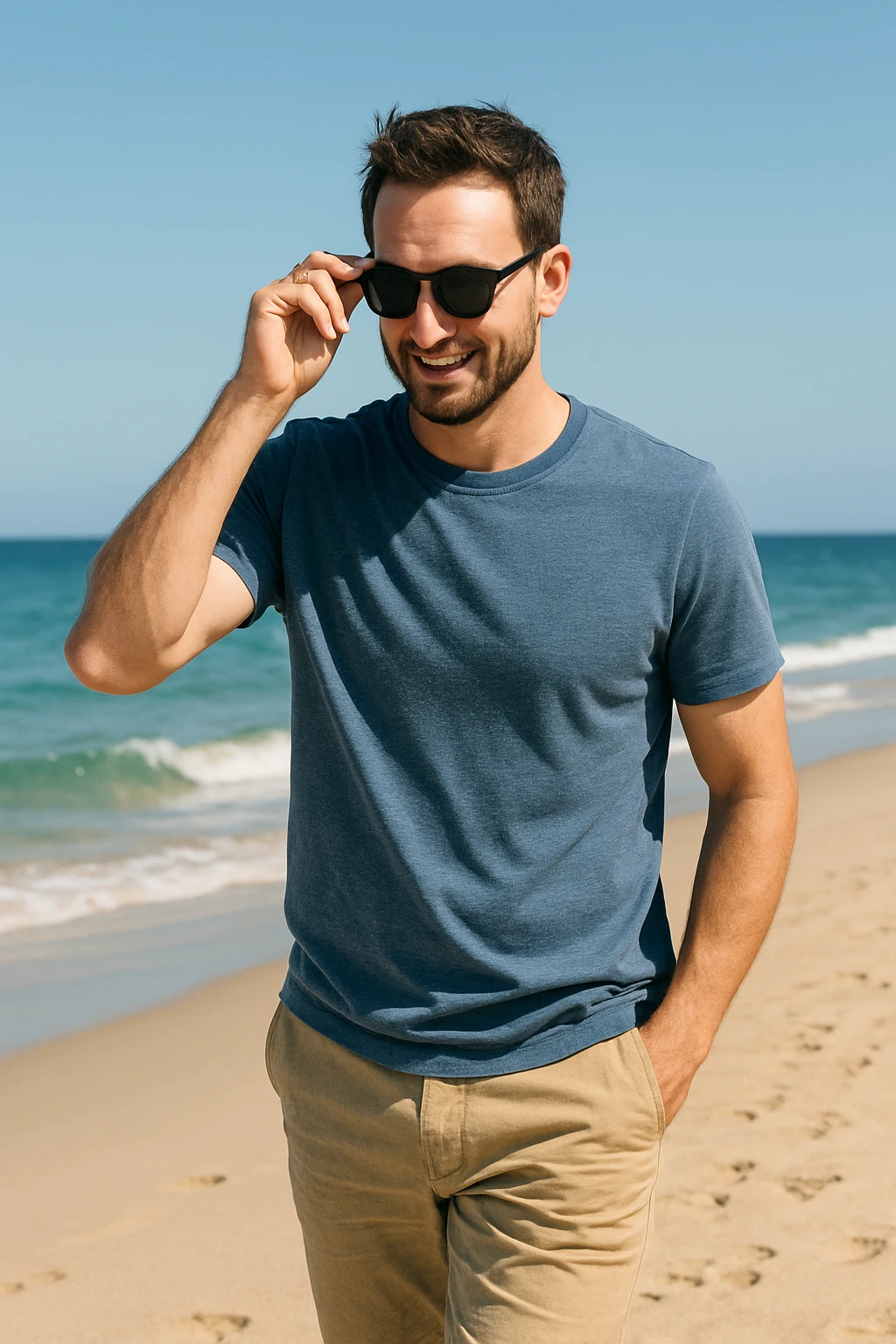 uomo passeggia a mare e si mette gli occhiali da sole emoji