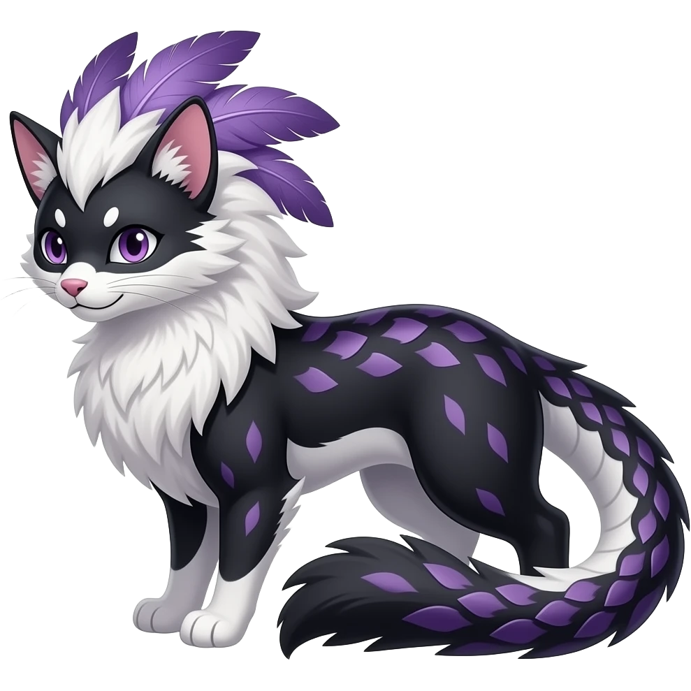 Ikat-patterned Slim stylish feather-maned elegant realistic Asian Furry, feathery fluffy tropical flecked painted feathery scaly, Purple, white, black, Minccino-Bambino-Lykoi-Linoone-Zangoose-fusion-hybrid-animal-Fakémon-creature, full body, thin long sleek scaly tail, intricate markings emoji