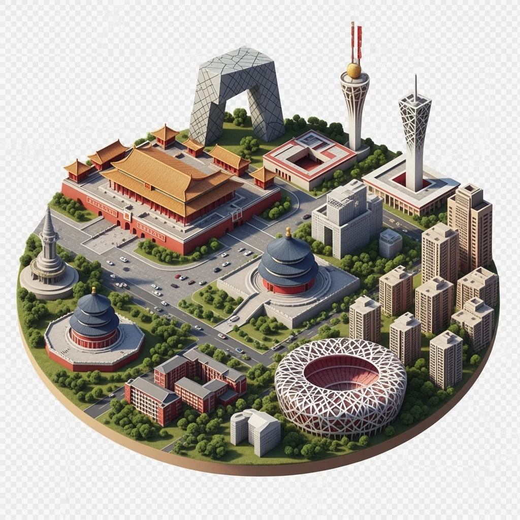 Isometric miniature of Beijing Forbidden City, Tiananmen Square, CCTV Headquarters, Temple of Heaven, China Zun tower, Bird’s Nest Stadium, Beijing apartment blocks, 3D miniature effect and Tilt Shift effect, no cartoonish look, transparent background, don't cut angles emoji