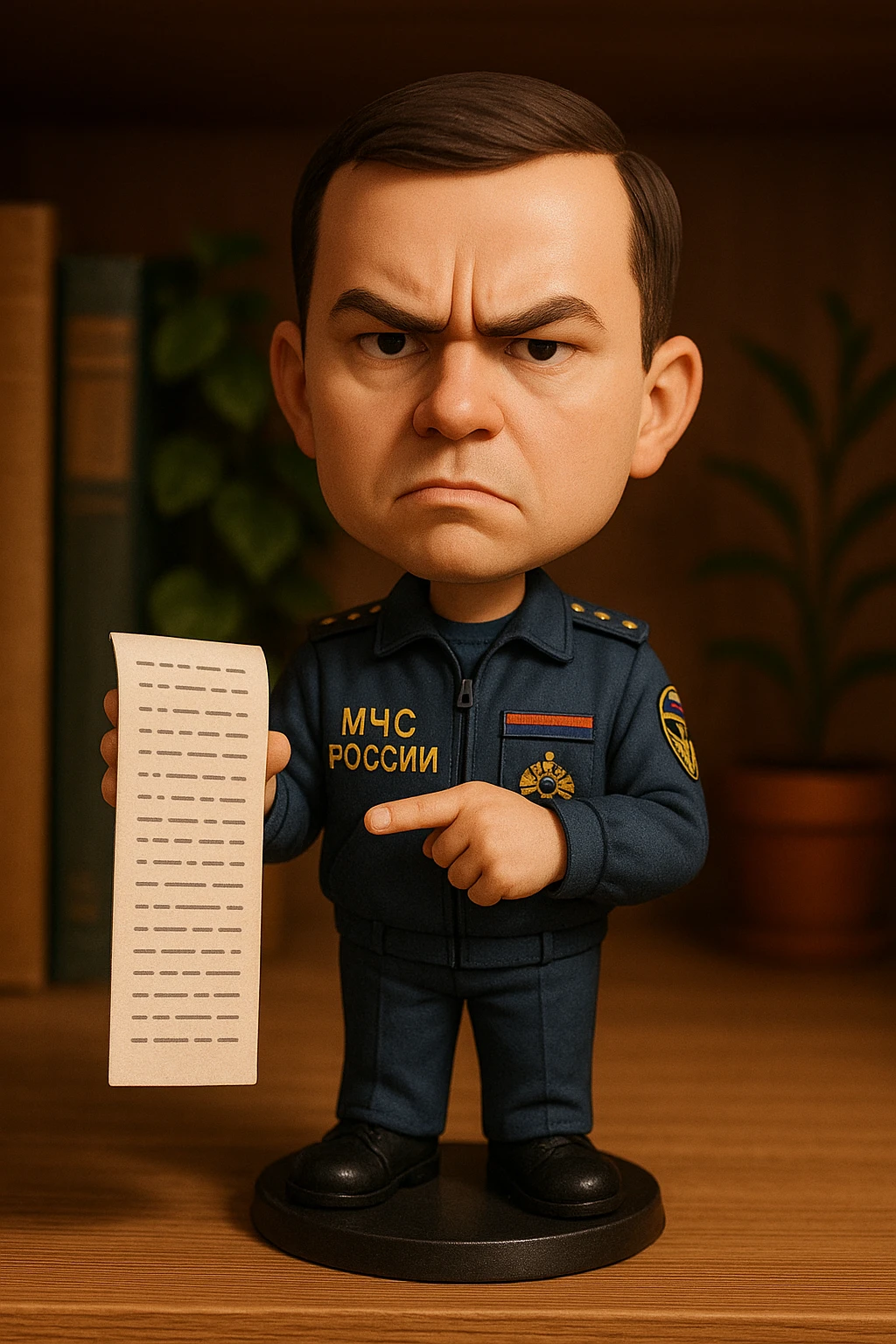 Недовольный и молодой проверяющий в форме российского МЧС показывается нам длинный список требований записанный на листе с бумагой. Это список он держит в одной руке, а другой рукой указательным пальцем он указывает на него emoji