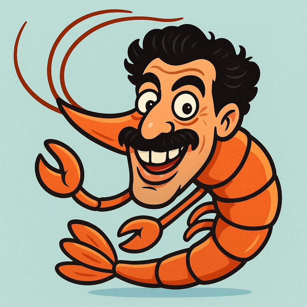 a shrimp with a human face resembling Borat, playful and fun, cartoon style emoji