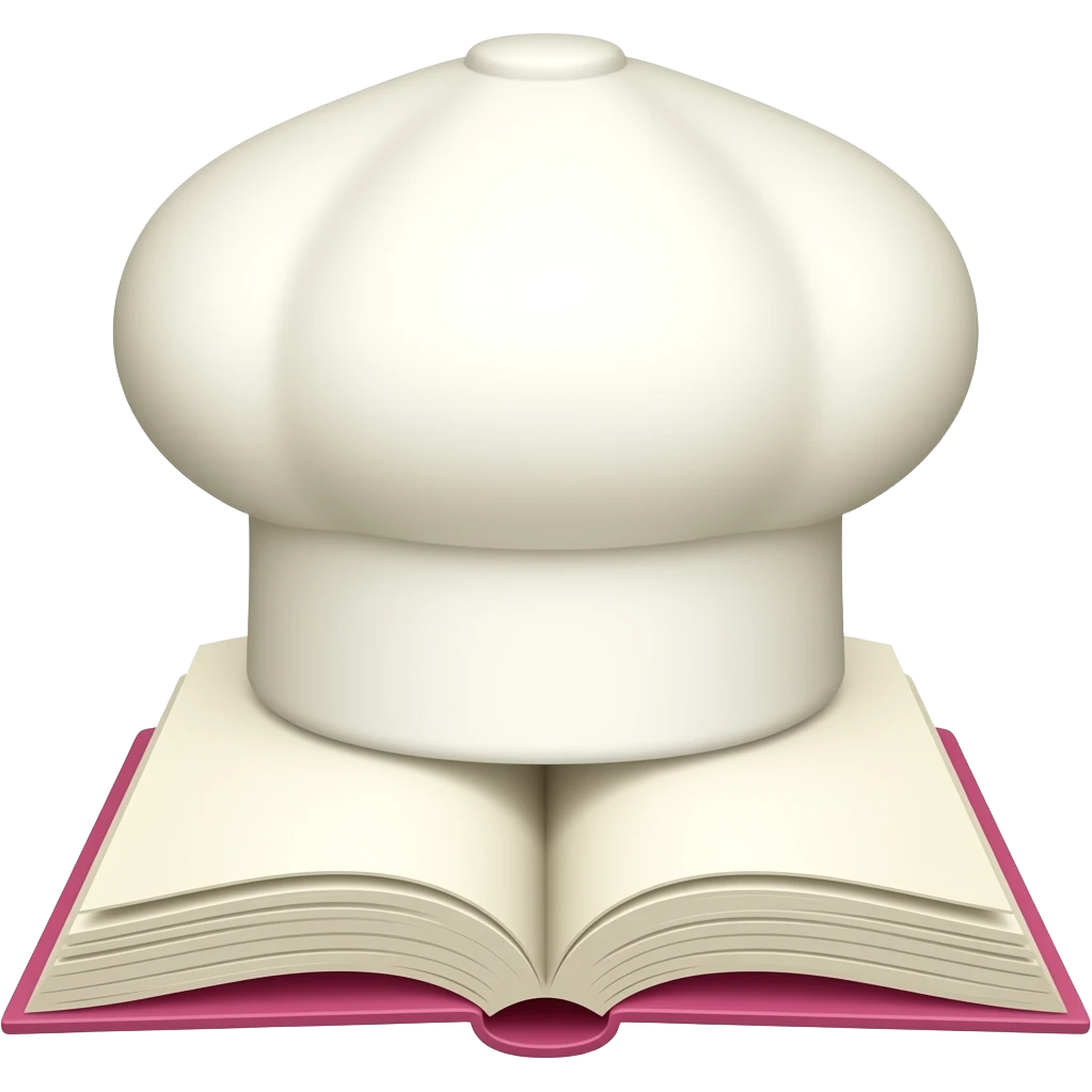 Chapeu de confeiteiro branco offwhite, junto com livro de receitas aberto cor de rosa. Paginas beges quase branco Tipo, chapéu "encima" do livro centralizado . O chapéu está literalmente encina do livro encostando emoji