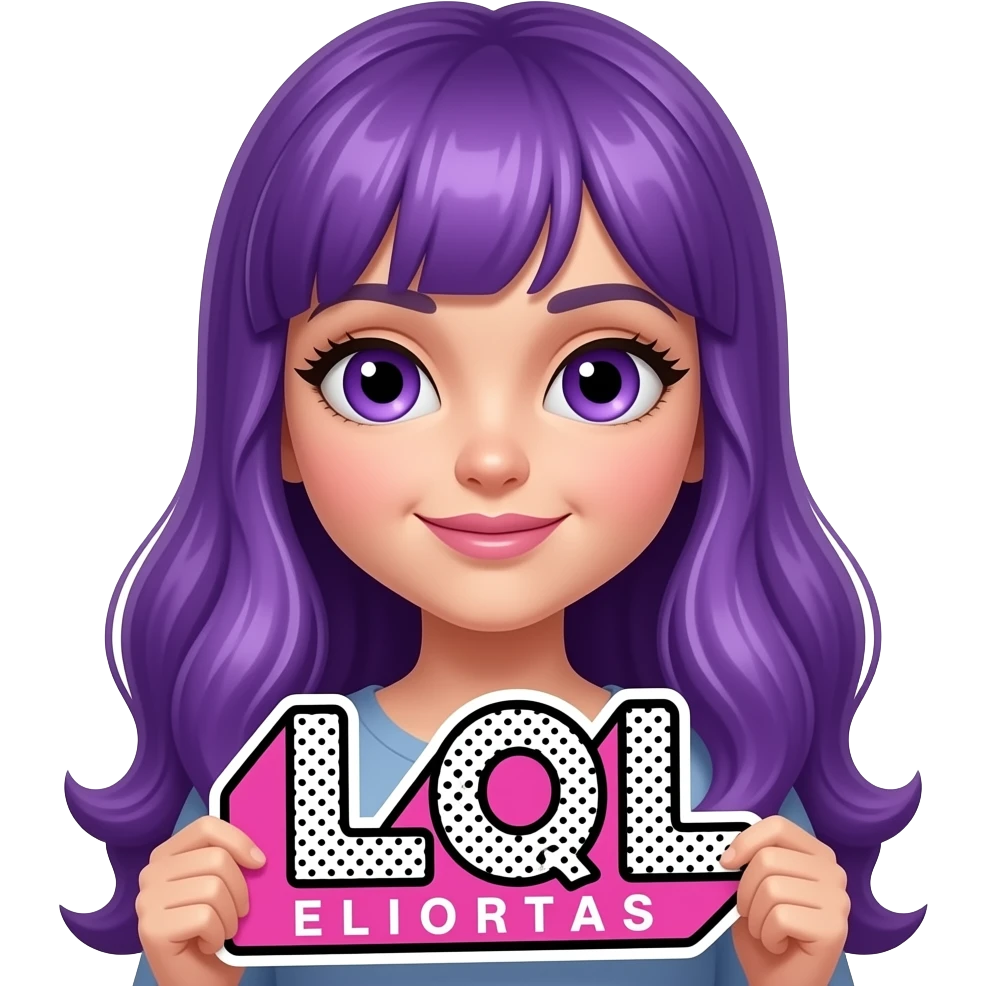 sexy girl with long purple hair and purple eyes holding a L O L sign emoji
