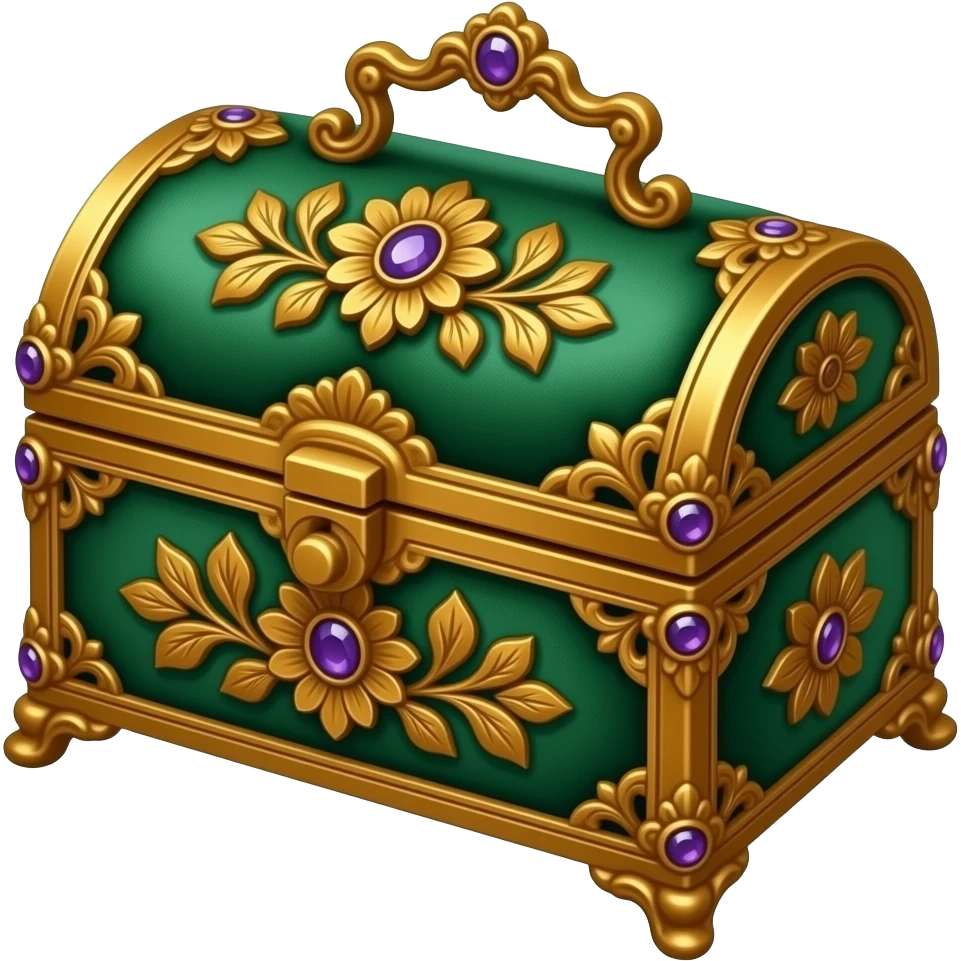 An elegant jewelry box in emerald green and warm amber-gold, adorned with intricate floral carvings, delicate antique metalwork, soft velvet texture, and subtle violet gemstone accents, rendered in a sophisticated botanical fantasy style. emoji