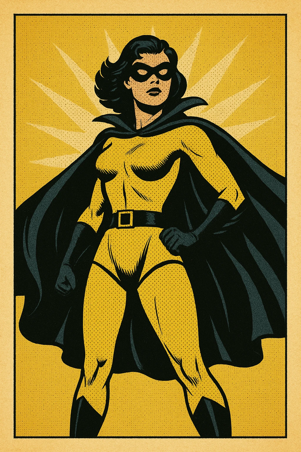 superheroine costume, yellow and black, retro style, dramatic cape, domino mask, heroic stance emoji