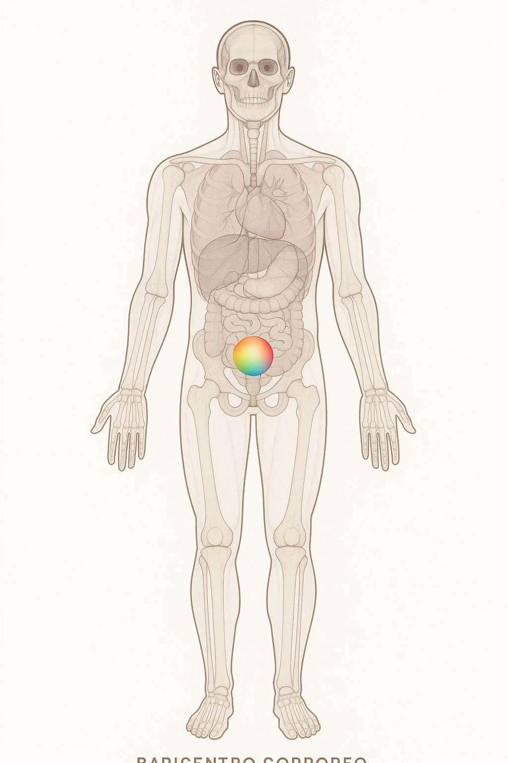Vertical anatomical illustration of a human figure, front view, with the center of gravity (baricentro corporeo) marked by a bright colored sphere at the pelvis area. Semi-transparent layers reveal internal anatomy. Minimalist, clinical, educational style, white background. emoji