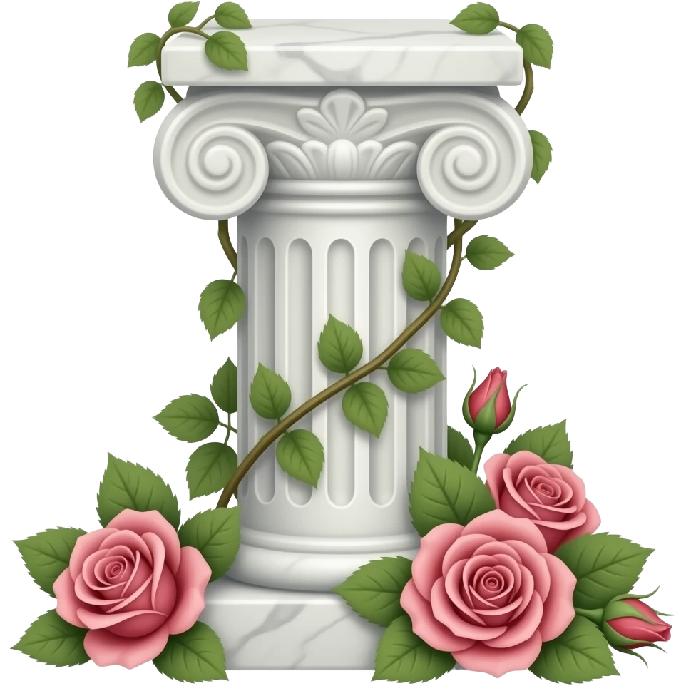 White tall marble pedestal with vines growing and gorgeous roses flowers beautiful romantic scenery garden scenic emoji