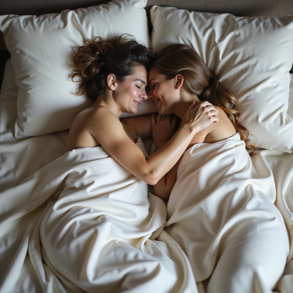 lifelike image of a couple enjoying a playful pillow game on a bed with elegant silk sheets, emphasizing sheen and folds of fabric, couple's happy interaction emoji