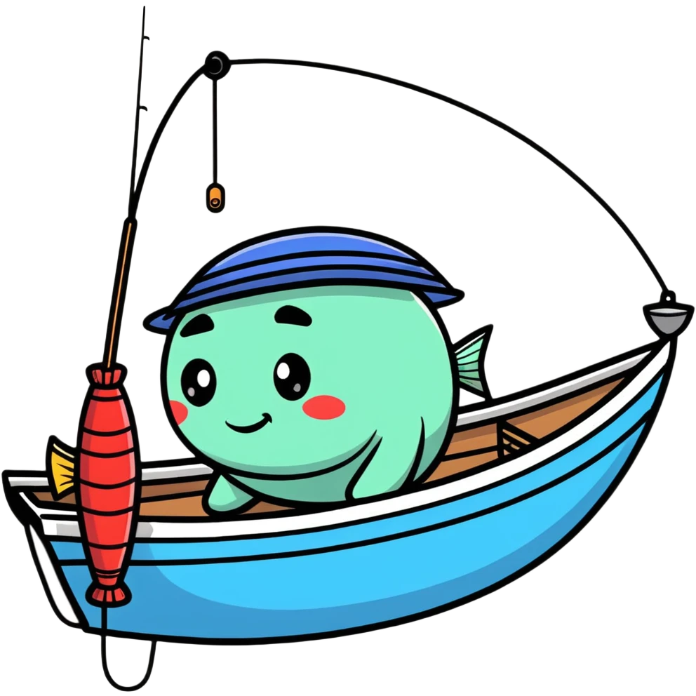 A cartoon fishing boat with a friendly face and tiny fishing rod emoji